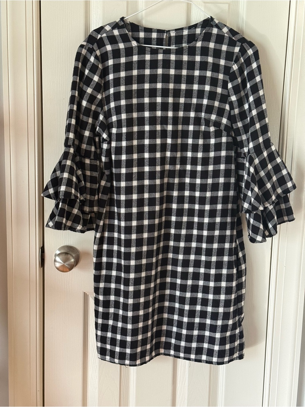 Women's Black White Gingham Check Tiered Bell Sleeve Dress Pockets Small Unbrand